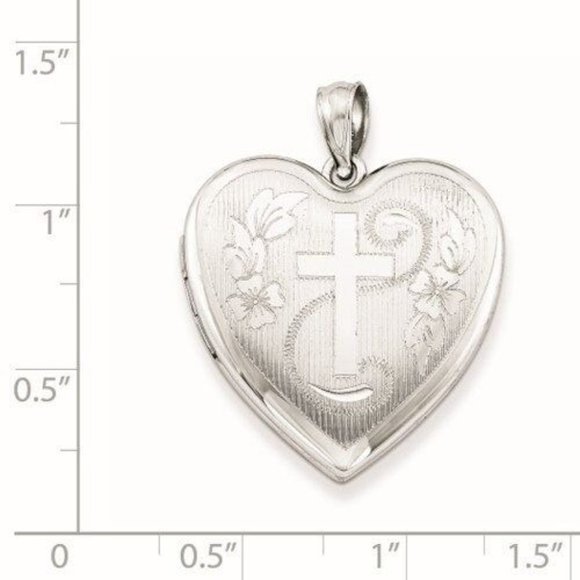 Sterling Silver Cross Heart Locket Rhodium-plated 24mm D/C New Religious 925 - Picture 2 of 4